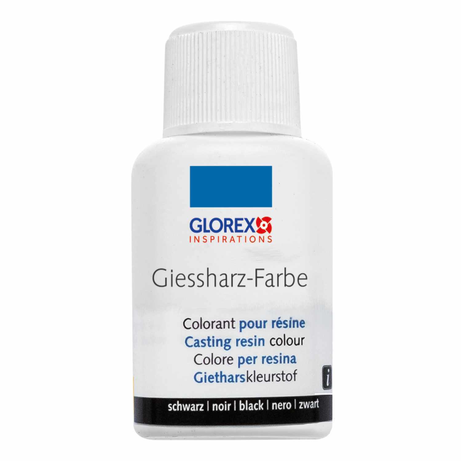 Gießharz-Farbe 20ml von Glorex in Schwarz, abgebildet in einer weißen Flasche mit blauem Logo.