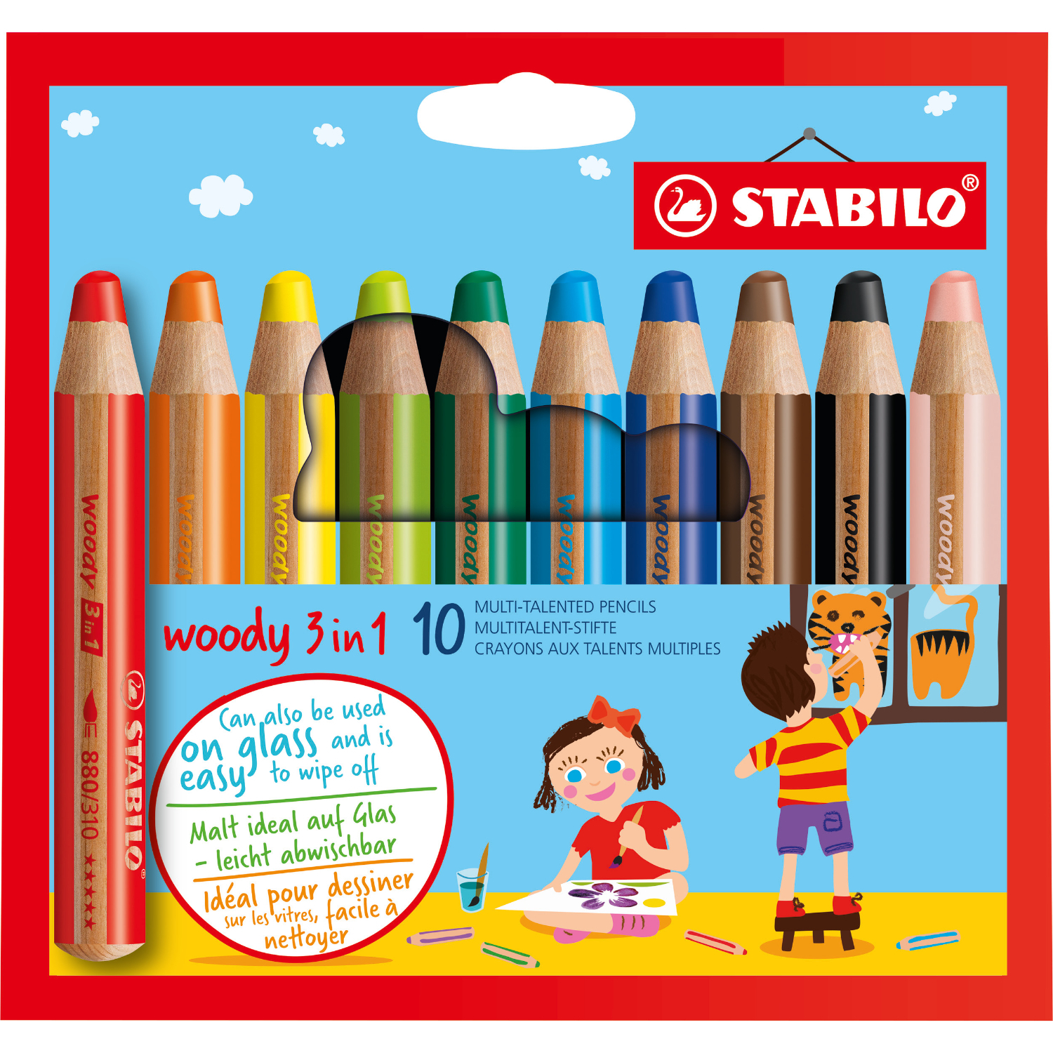 Woody Swano 3 in 1 im Etui, 10 bunte STABILO Stifte, ideal für Glas und Papier, leicht abwischbar, kreative Kinderzeichnung auf der Verpackung.