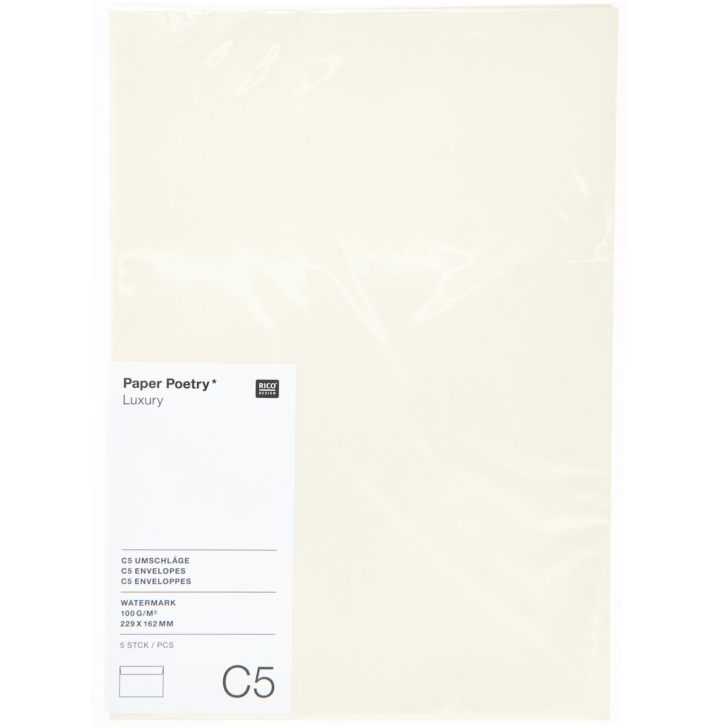Paper Poetry Luxury Umschläge C5 in Creme, 5 Stück, von Rico Design, elegant verpackt in transparenter Hülle.