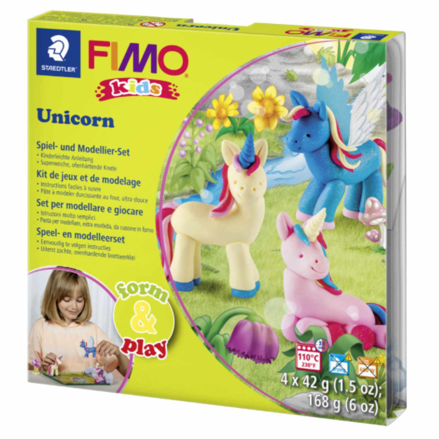 FIMO kids Form & Play Unicorn: Buntes Modellierset von Staedtler mit Einhornfiguren und Zubehör. Ideal für kreatives Spielen und Basteln.
