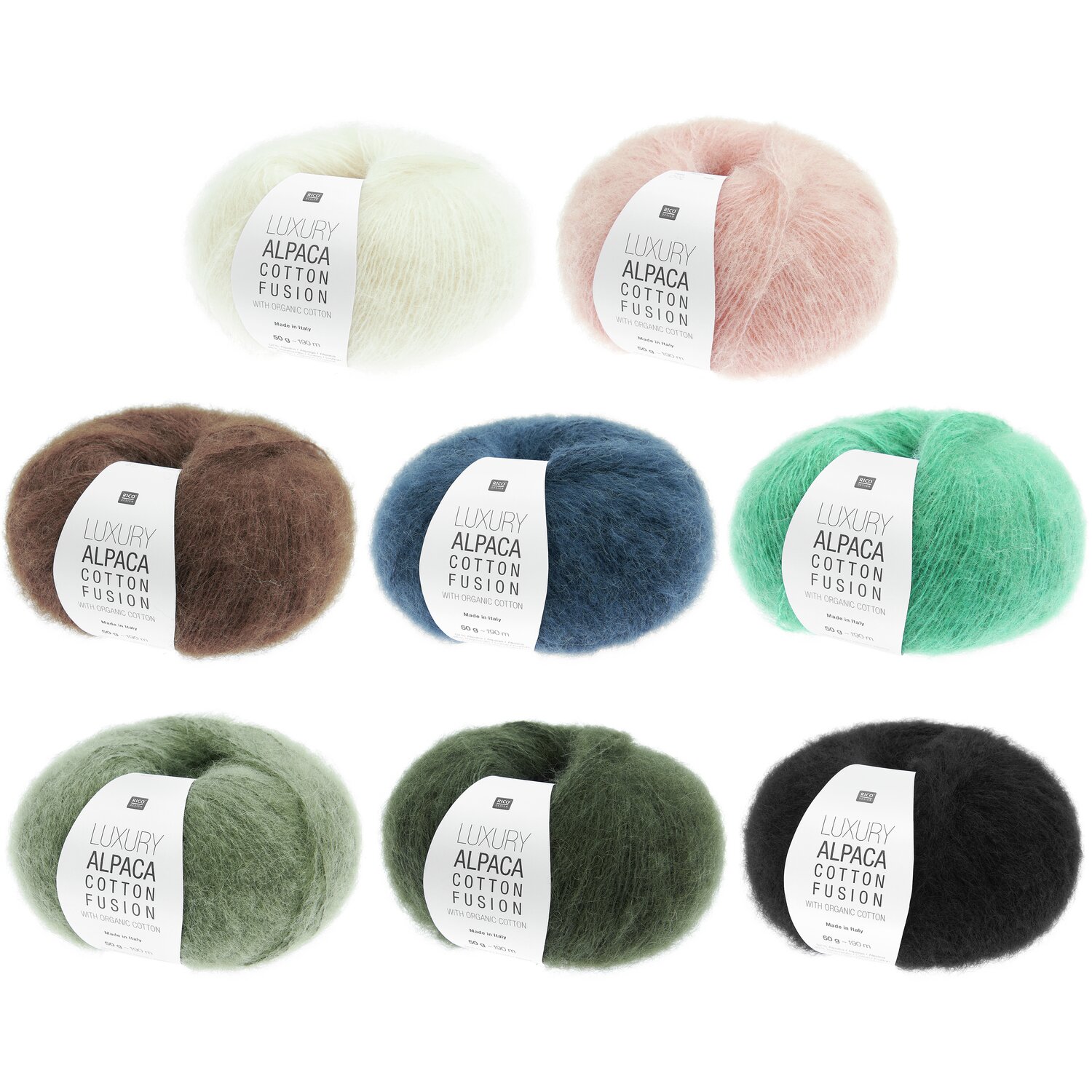 Luxury Alpaca Cotton Fusion Sortiment I 80-teilig, weiche Garne in Creme, Apricot, Türkis, Blau, Aloe, Oliv, Nougat und Schwarz von Rico Design.
