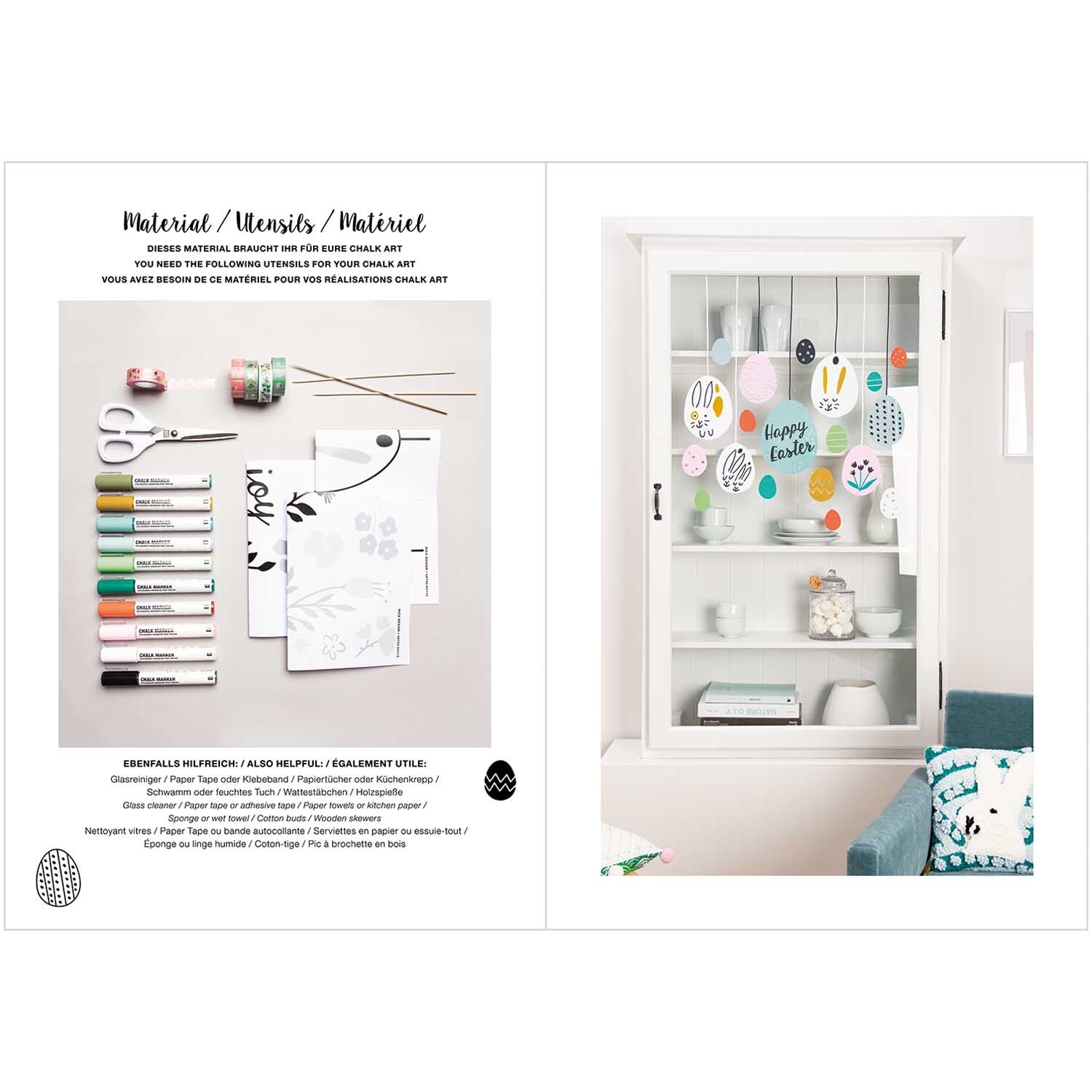 Vorlagenmappe Hello Flowers: Fensterdeko mit Kreidestiften von Rico Design, gezeigt auf einem weißen Schrank.