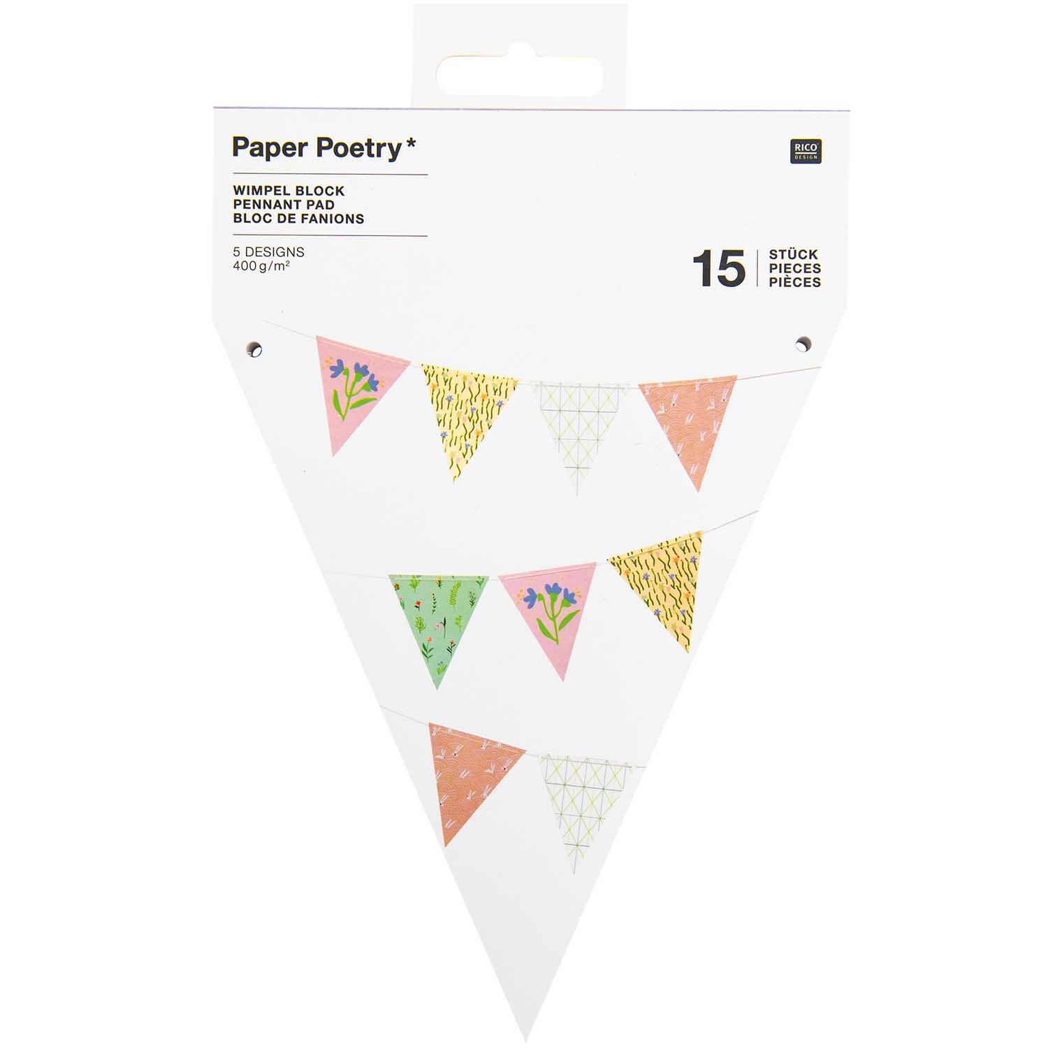 Paper Poetry Wimpel-Block mit Blumenmuster, 15 Stück, von Rico Design. Bunte Wimpel in Pastelltönen.