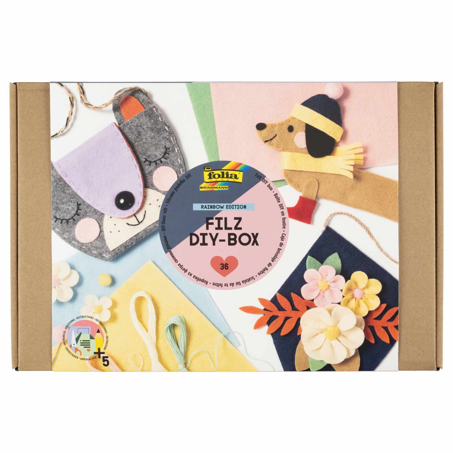 Filz-DIY-Box mit 36 Teilen von folia, zeigt bunte Filzmaterialien und Bastelzubehör in einer Box. Ideal für kreative Projekte.