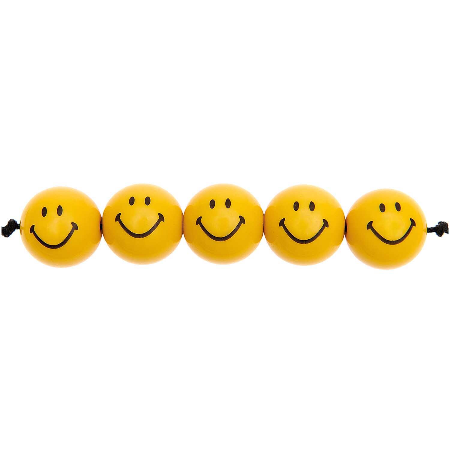 Smiley® Originals Perlen zeigen fünf gelbe, runde Perlen mit lächelnden Gesichtern aufgereiht.