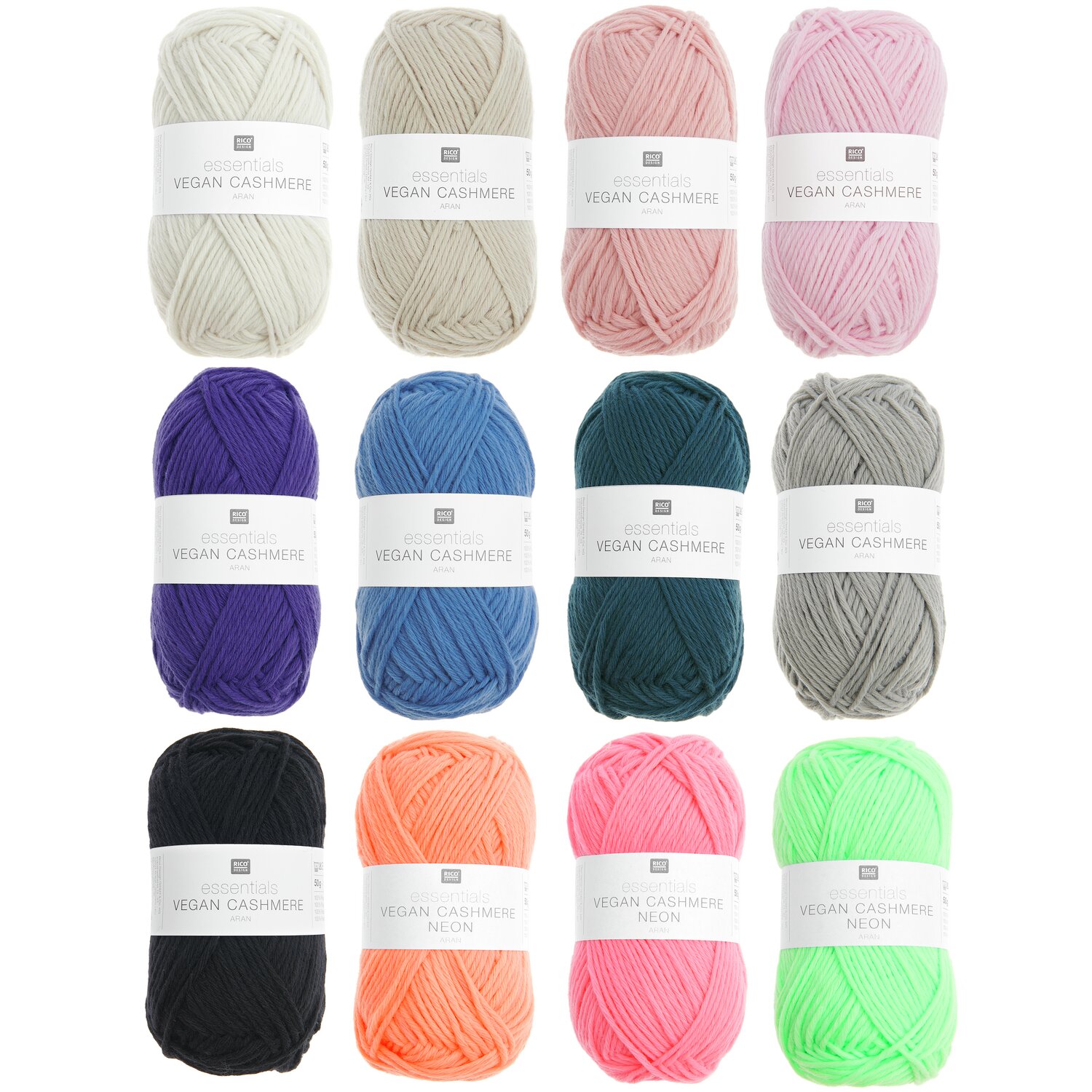 Essentials Vegan Cashmere aran: Zwölf Wollknäuel in verschiedenen Farben von Rico Design, ideal für Strickprojekte.