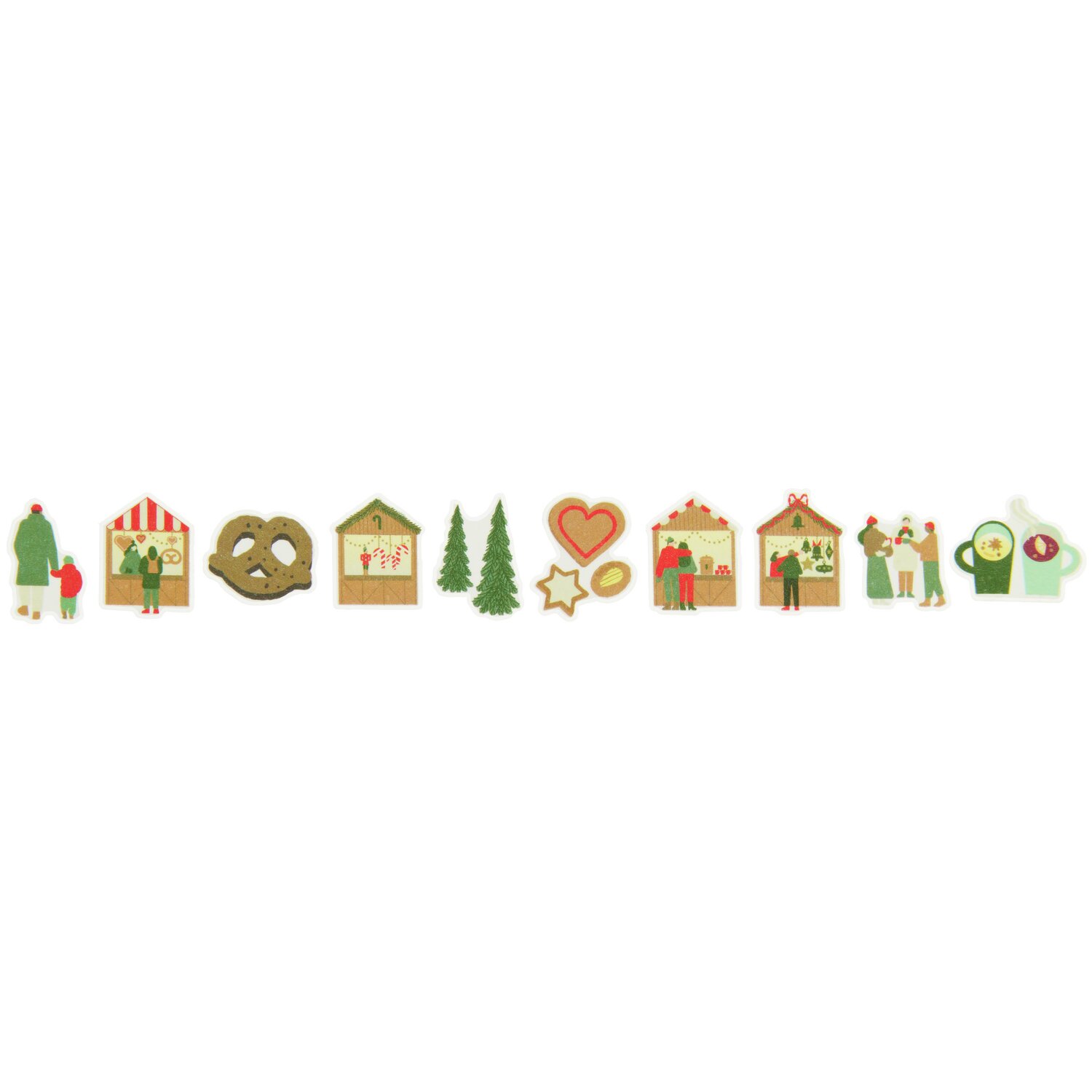 Washi Sticker Weihnachtsmarkt 200 Stück: Bunte Sticker mit Weihnachtsmarkt-Motiven wie Buden, Bäume und Brezeln. Ideal für festliche Dekorationen.