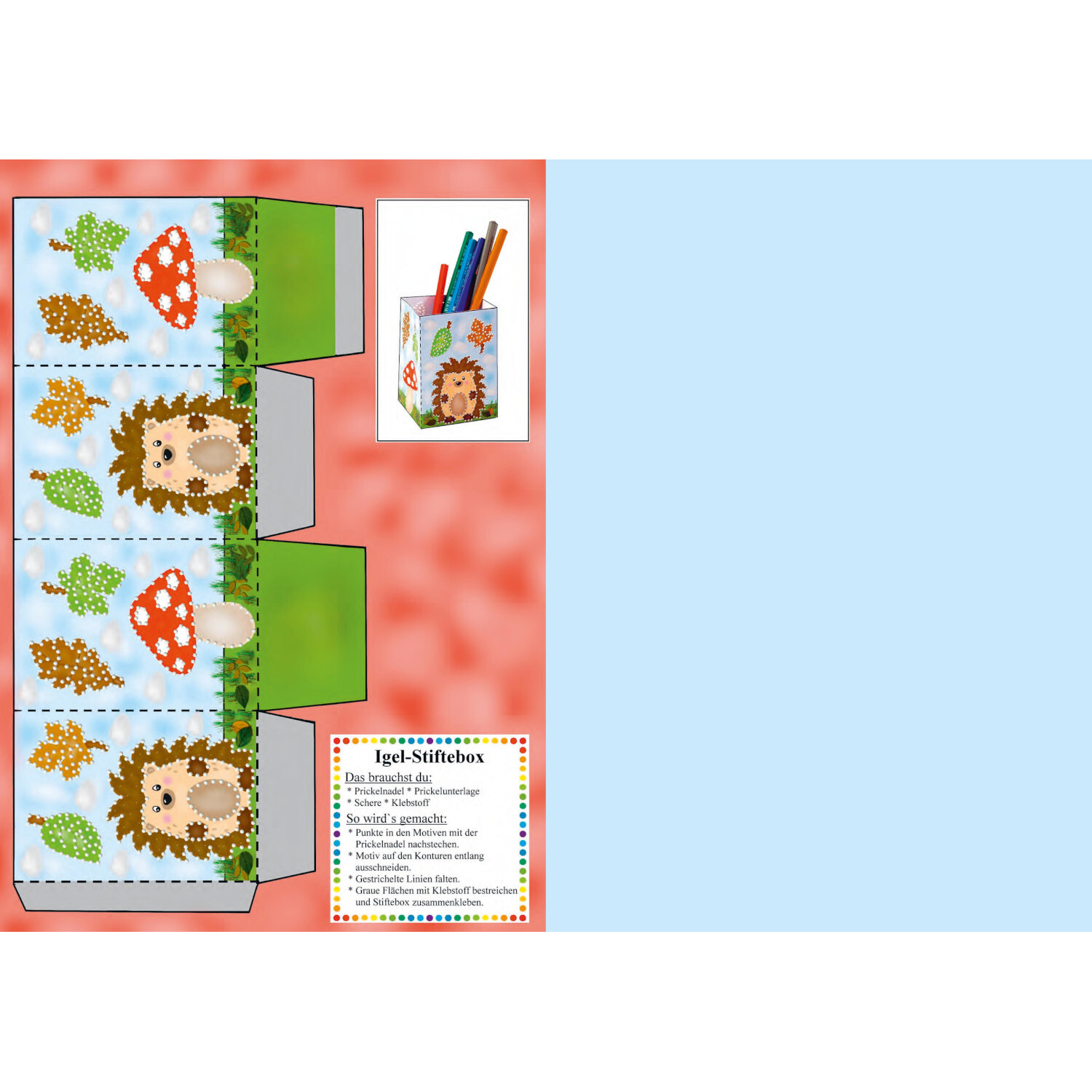 Mein Prickel-Bastelbuch: Igel-Stiftebox Bastelvorlage mit bunten Igel- und Pilzmotiven, ideal für kreative Kinderprojekte.
