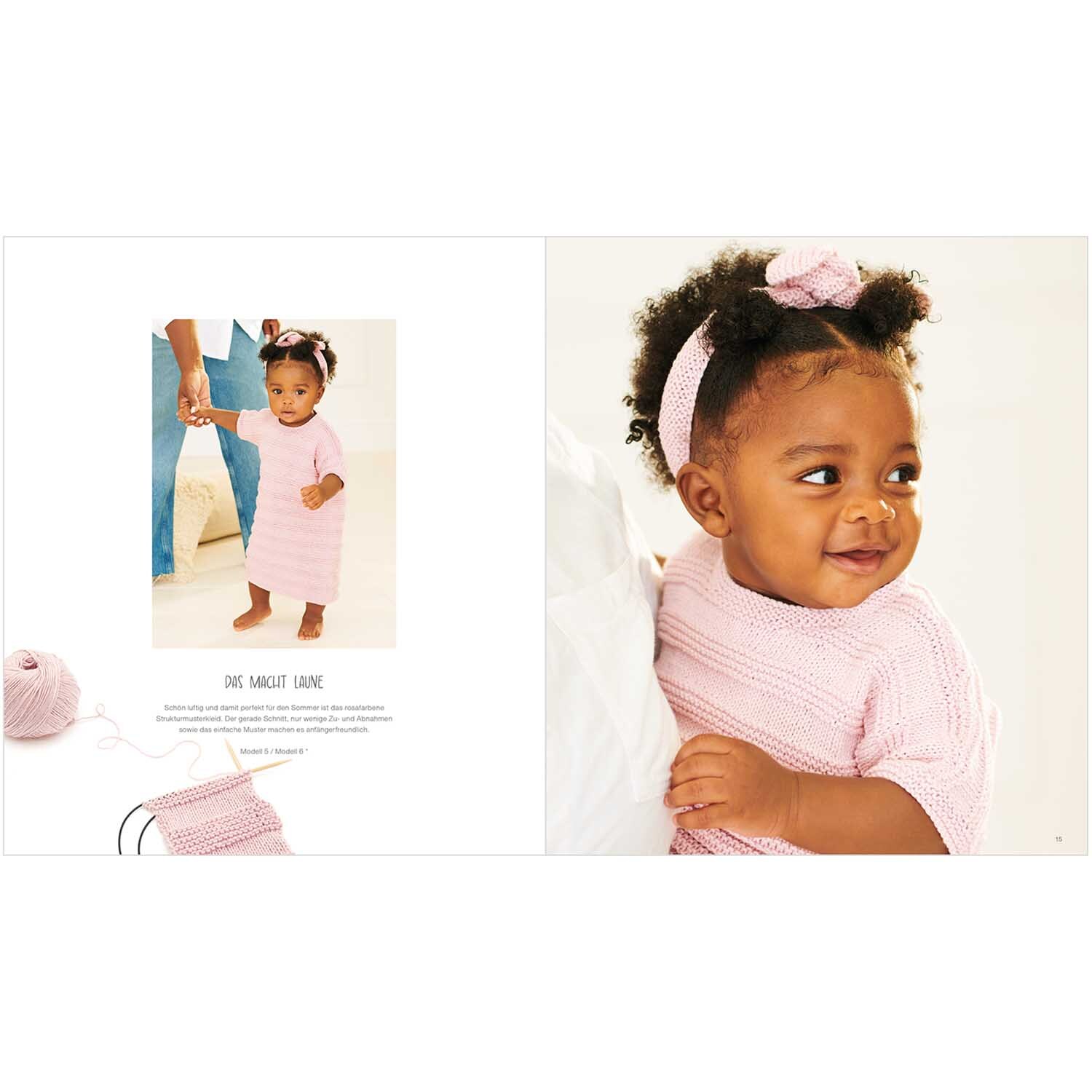 Rico Baby Heft Nr.37 zeigt ein lächelndes Kleinkind in einem rosa Strickkleid mit passendem Stirnband.