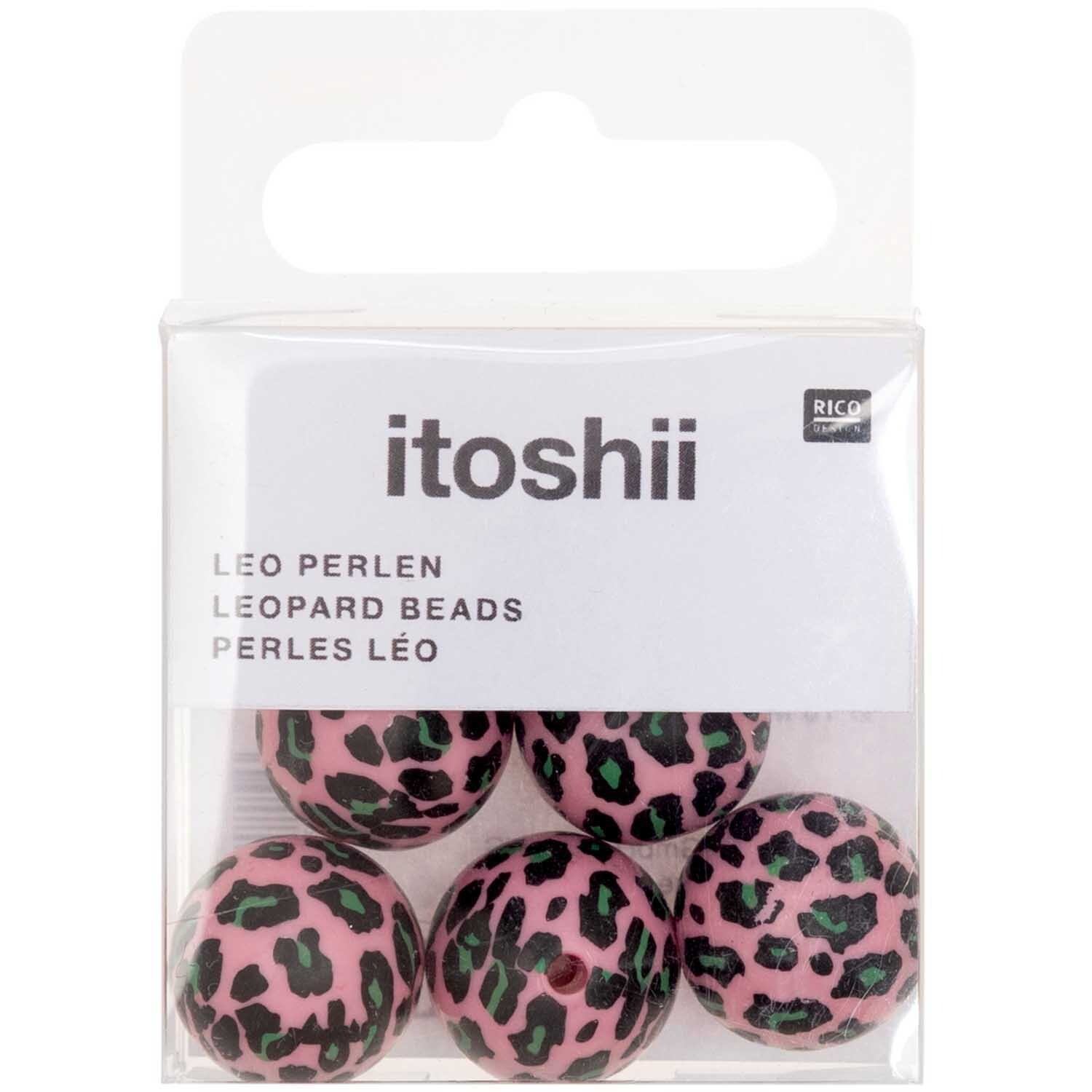 Perlen Acid Leo 16mm 6 Stück: Rosa Perlen mit Leopardenmuster in Verpackung von Rico Design. Ideal für kreative Schmuckprojekte.