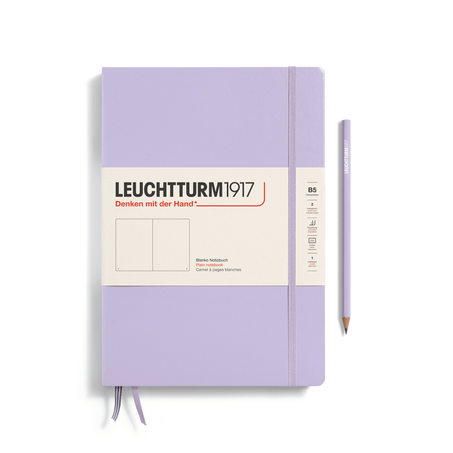 Notizbuch Composition blanko HardcoverB5 in Lilac von LEUCHTTURM1917, abgebildet mit passendem Stift.