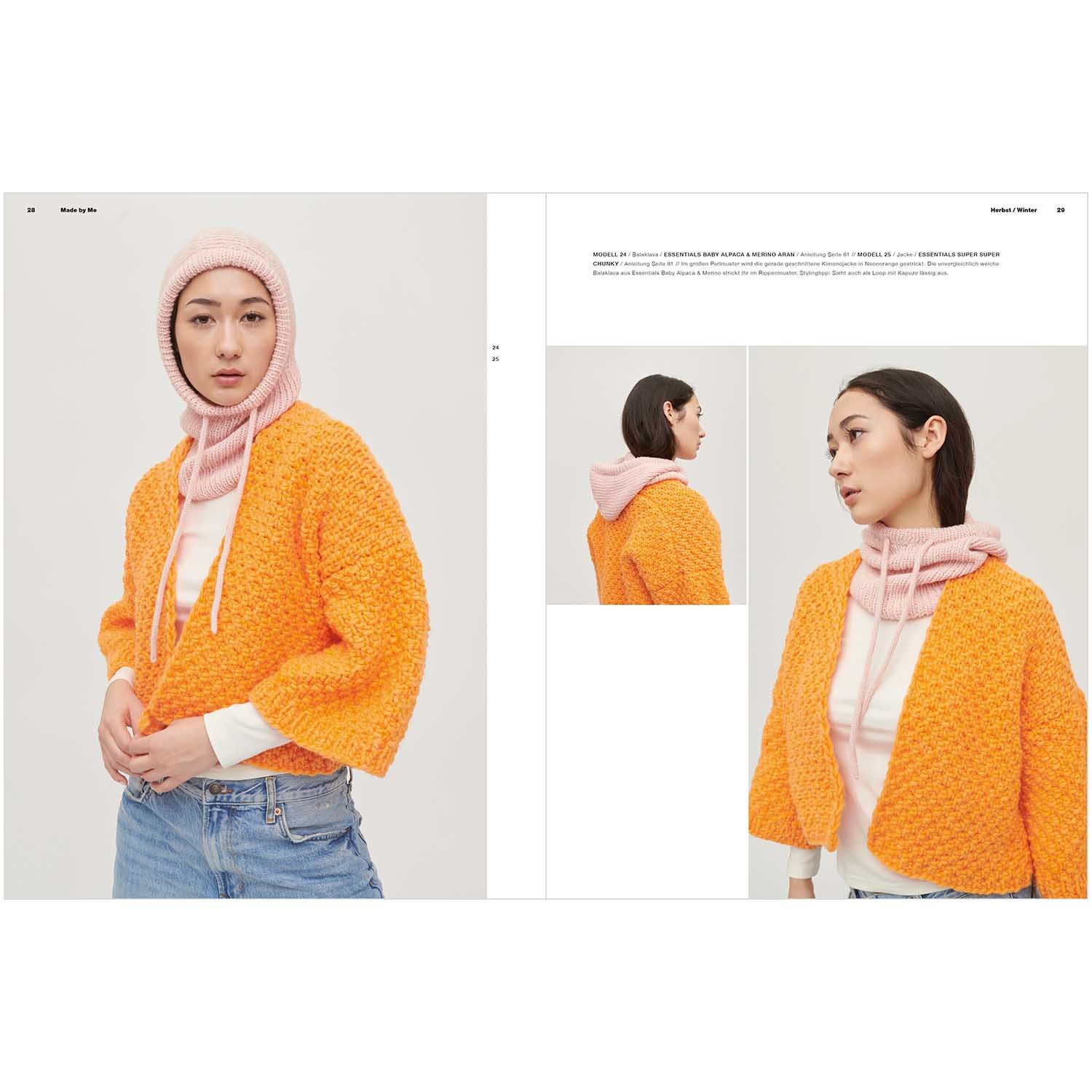 Made by Me Handknitting Nr.15 Herbst-Winter: Frau trägt orange Strickjacke von Rico Design mit rosa Kapuze, lässiger Stil.