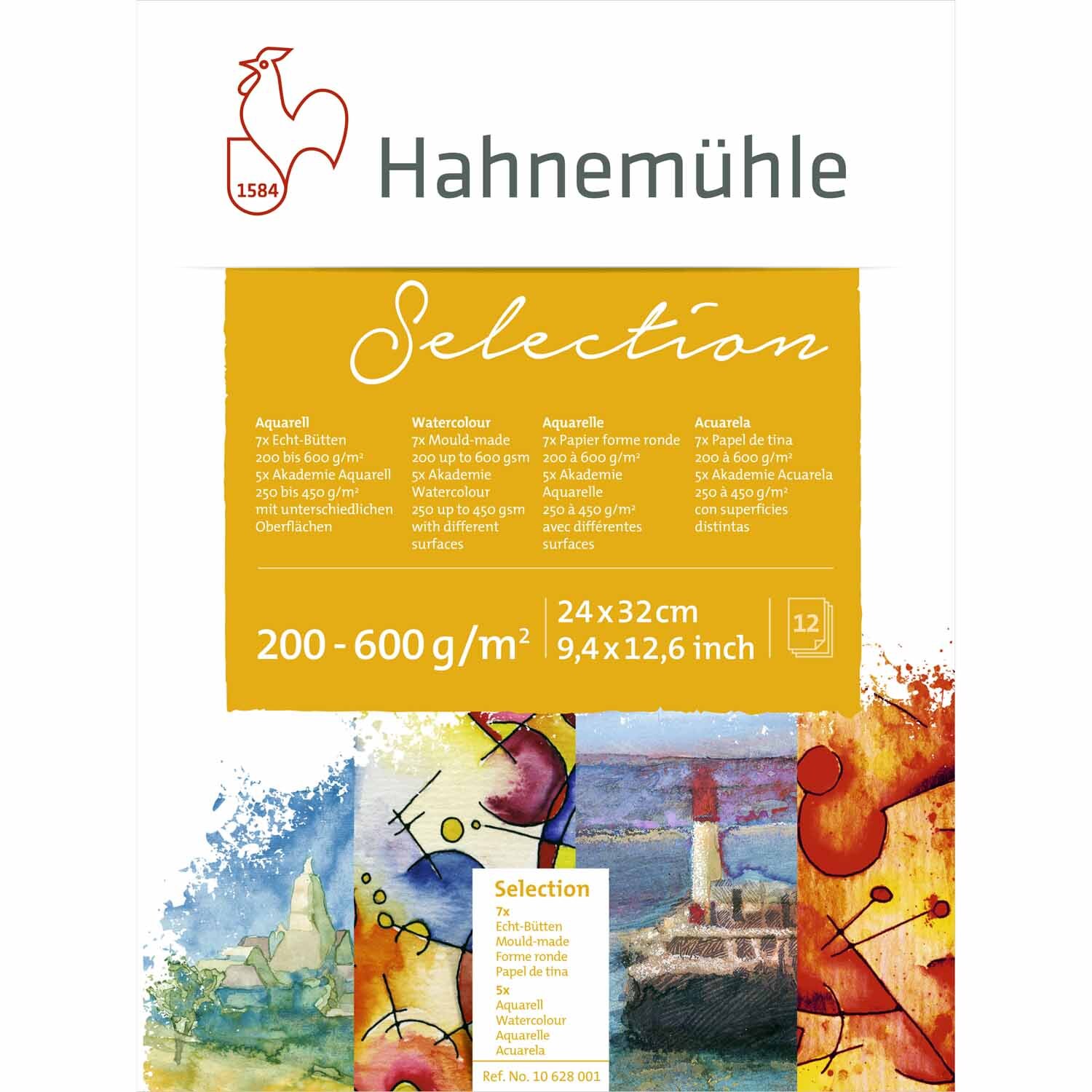 Aquarell Selection Block 24x32cm 12 Blatt von Hahnemühle mit bunten Aquarellmotiven und weißem Papier. Ideal für Künstler.