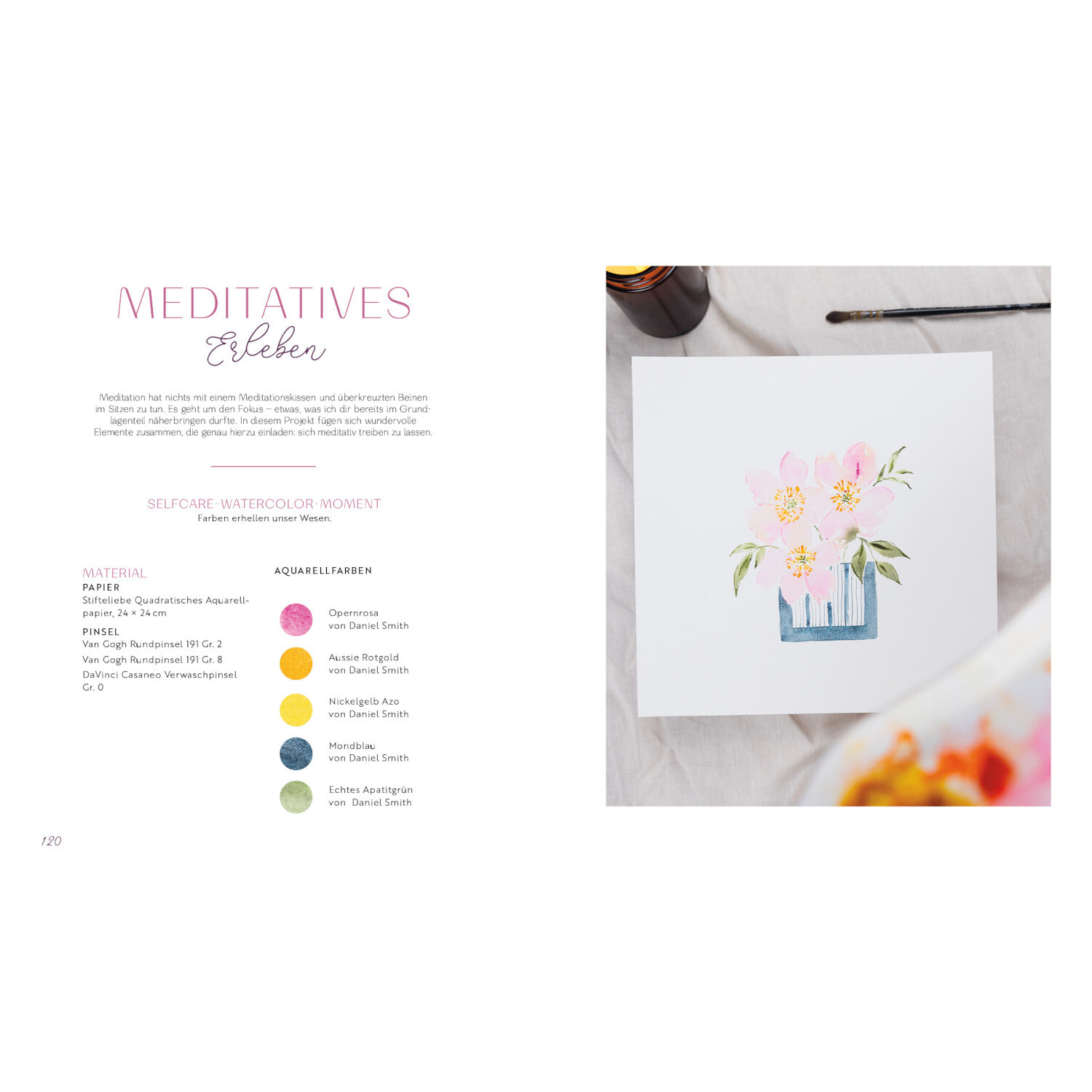 Selfcare Watercolor – Kreative Momente für mich: Aquarellbild mit Blumen in Pastellfarben, daneben Anleitung und Farbauswahl.