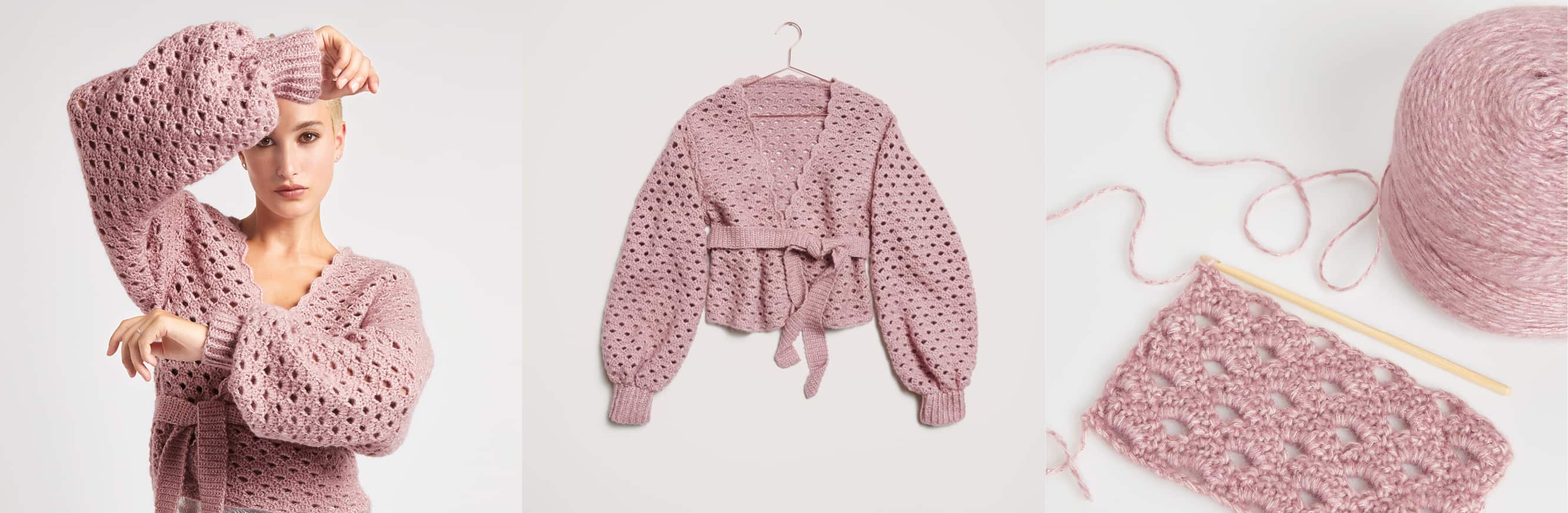 Gehäkelte Wickeljacke Modell 33 aus Made by Me No. 20 getragen am Model und auf einem Bügel. Daneben Wollknäuel in rosa und Häkelstück.