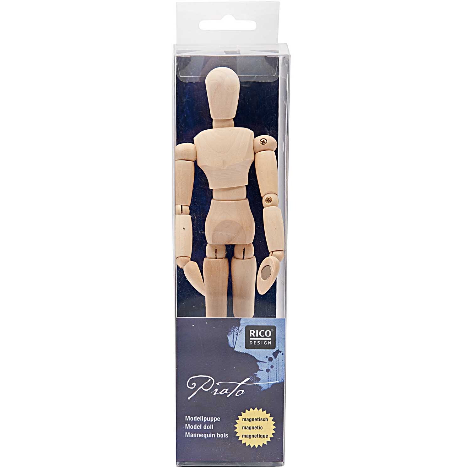 Modellpuppe magnetisch mittel 22cm von Rico Design in einer Verpackung, naturfarbene Holzfigur mit beweglichen Gelenken.