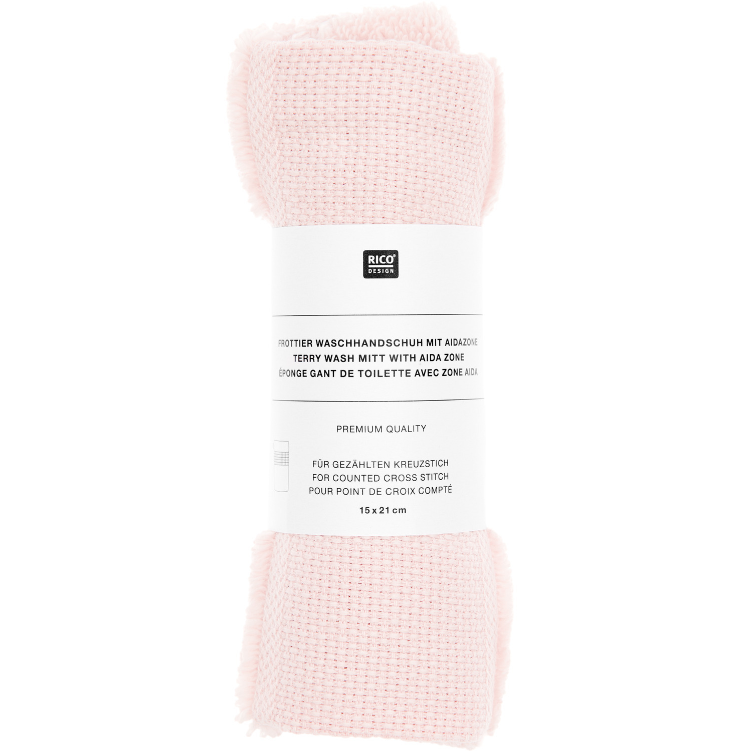Waschhandschuh in Pastellrosa von Rico Design, 15x21cm, GOTS-zertifiziert, aufgerollt mit Etikett.