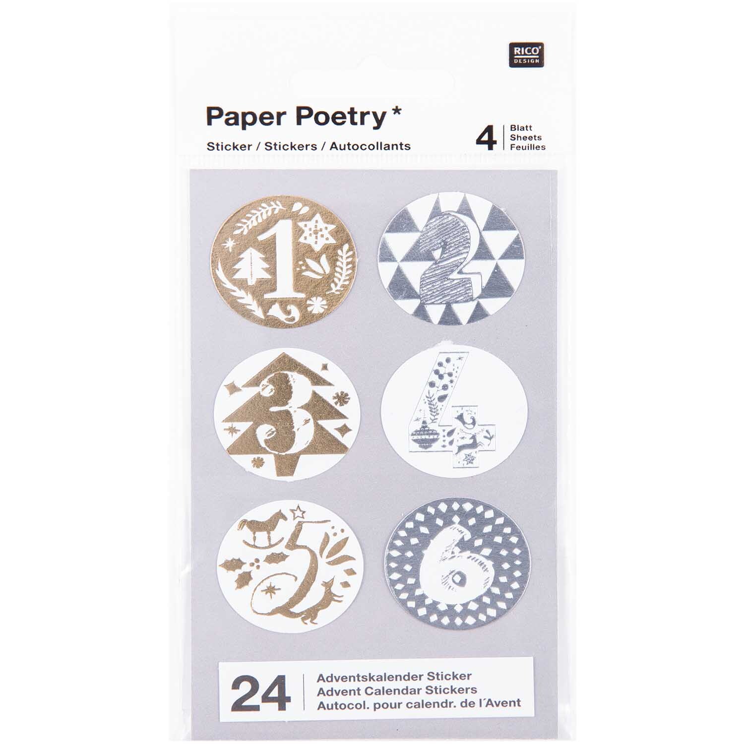 Paper Poetry Adventskalender Sticker mit goldenen und silbernen Motiven, ideal für kreative Kalendergestaltung.