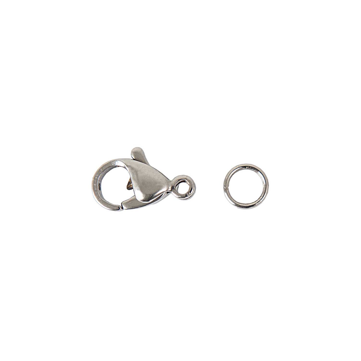 Karabiner Edelstahl 12mm 2 Stück von Rico Design in Silber, bestehend aus einem Karabinerhaken und einem Ring. Ideal für Schmuckherstellung.