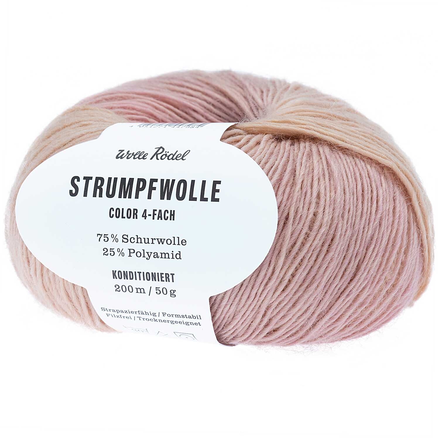 Strumpfwolle Color von Wolle Rödel in sanften Rosatönen, 50g Knäuel, ideal für Sockenstricken.