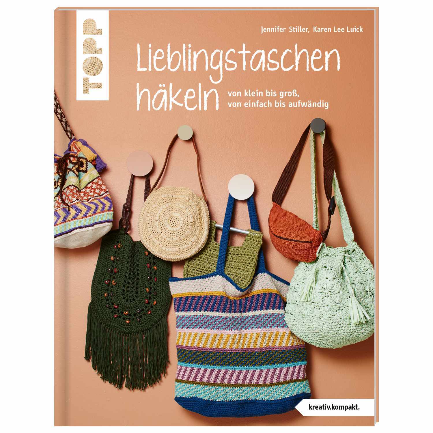 Lieblingstaschen häkeln: Buchcover mit verschiedenen gehäkelten Taschen in bunten Farben, Marke TOPP.