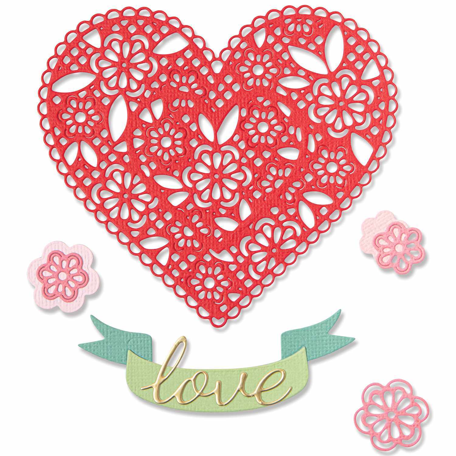 Thinlits Die Set Doily Heart: Rotes Herz mit Blumenmuster, umgeben von rosa Blüten und einem grünen Banner mit "love". Marke: Sizzix.