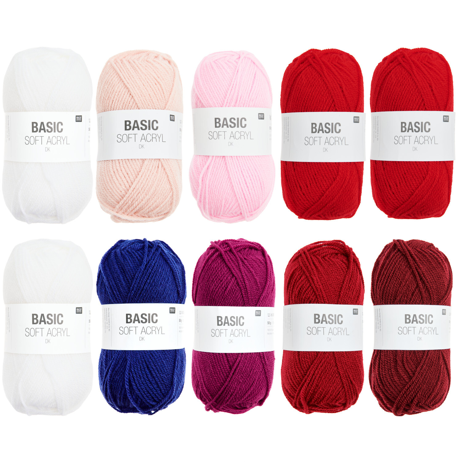 Wollpaket Basic Soft Acryl Berry Colours: Zehn bunte Garnknäuel in Weiß, Rosa, Blau und Rot.