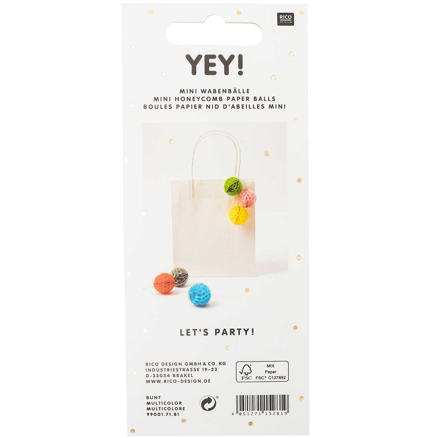 Mini-Wabenbälle 4cm 6 Stück: Bunte Papierbälle von Rico Design in einer Tasche, ideal für Partys.