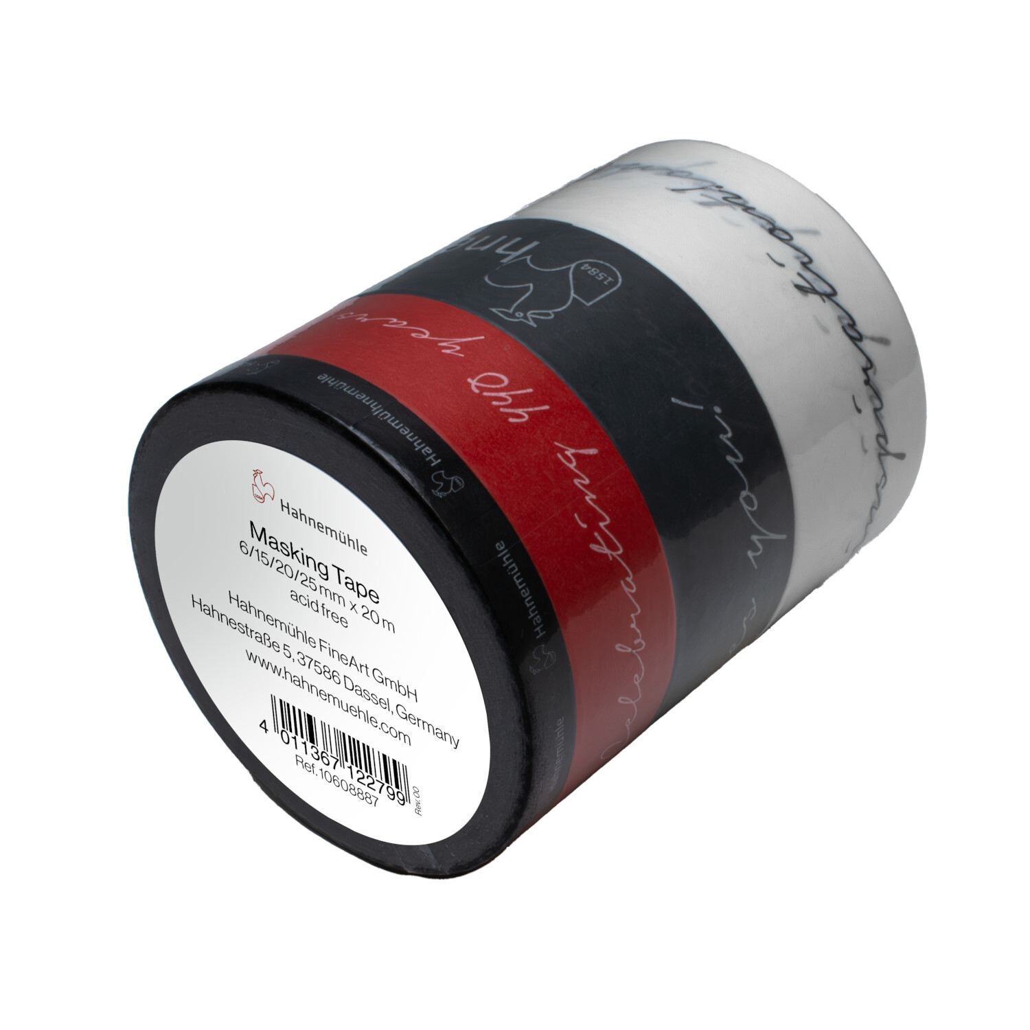 Masking Tape Set 4-teilig, Hahnemühle: Vier Rollen in Schwarz, Rot und Weiß, je 20m.