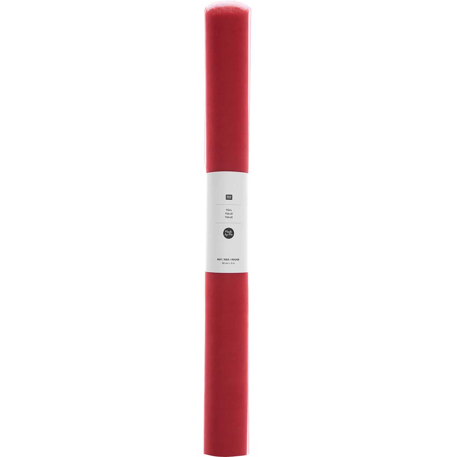 Tüll 50cm 5m von Rico Design in leuchtendem Rot, aufgerollt und bereit für kreative Projekte.