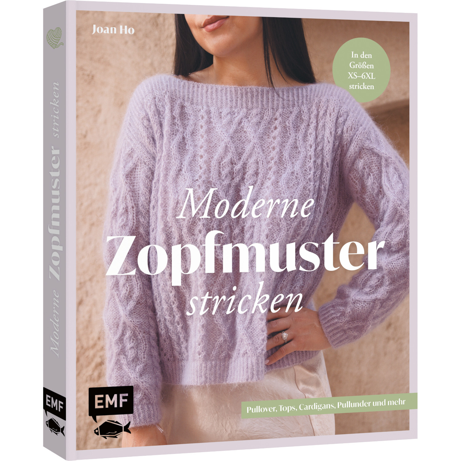 Moderne Zopfmuster stricken: Frau trägt lila Pullover mit Zopfmuster, EMF Buchcover.