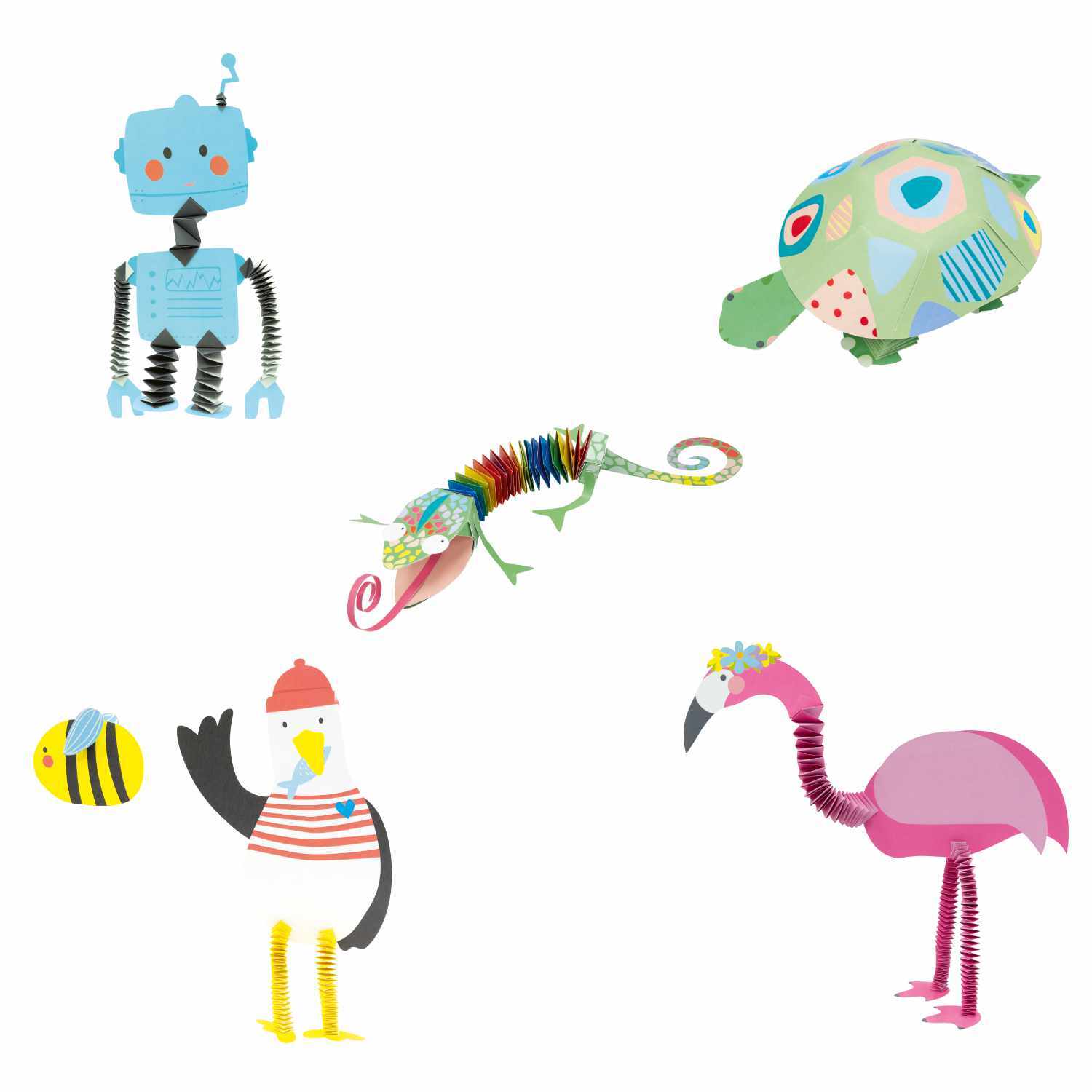 Hexentreppen Bastelset Charming Friends für 10 Figuren zeigt bunte Papierfiguren wie Roboter, Chamäleon und Flamingo. Ideal für kreative Bastelprojekte.