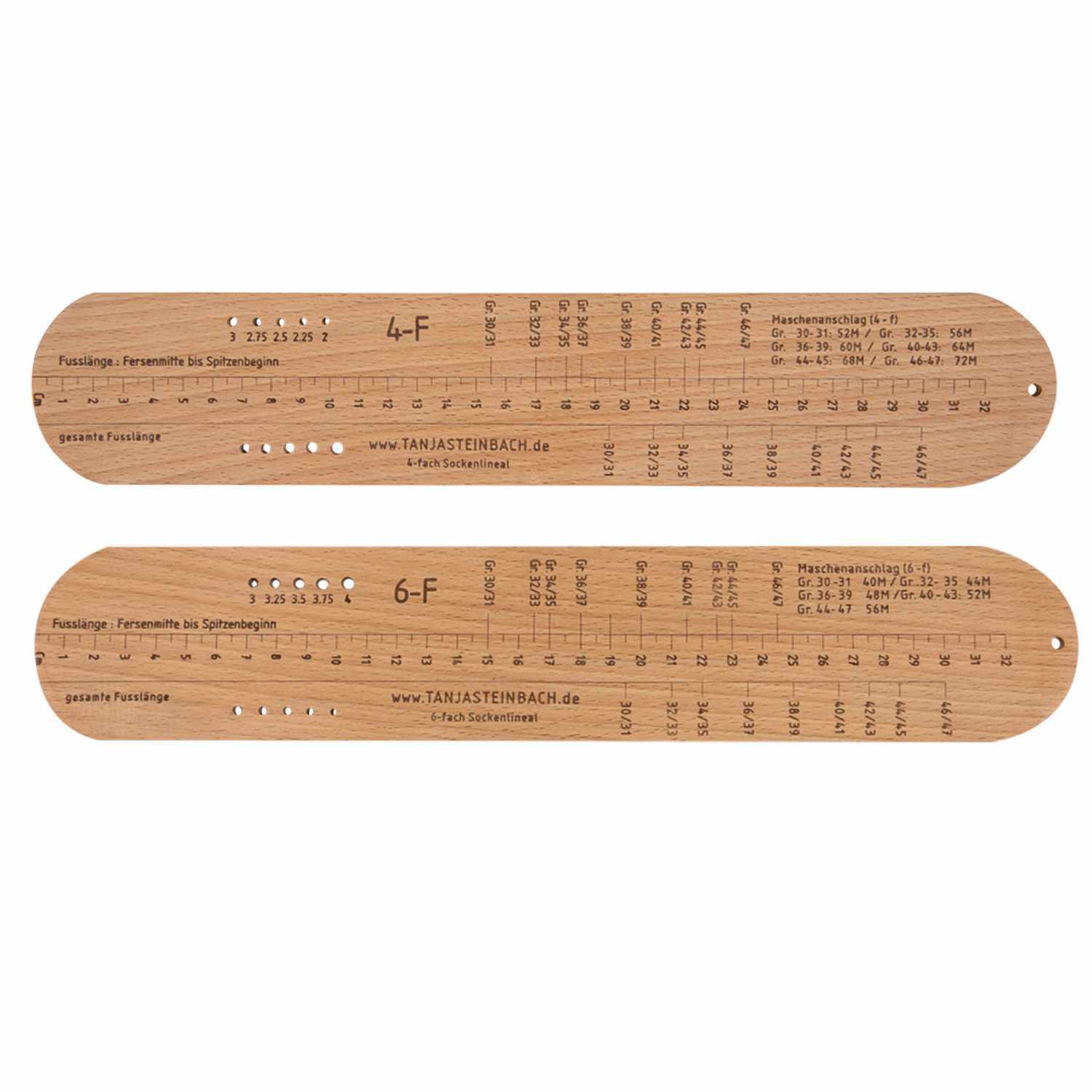 Socken Lineal 4+6-fach aus Holz von Lana Grossa, ideal zum Messen von Strickprojekten.