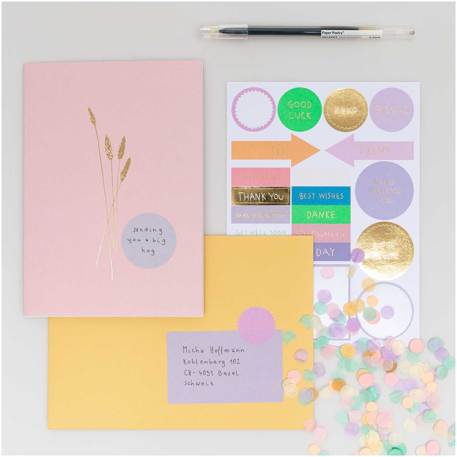 Paper Poetry Grußkartenset Transformation rosa mit Umschlägen, Stickern und Stift. Ideal für kreative Grüße und persönliche Nachrichten.
