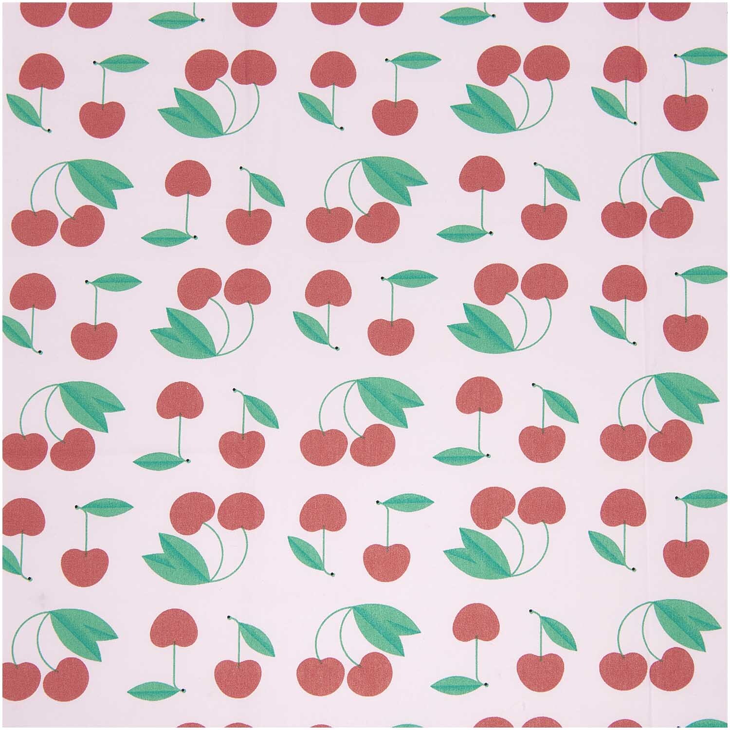 Meterware Baumwoll-Popelin rosa Kirschen zeigt ein Muster aus roten Kirschen und grünen Blättern auf rosa Hintergrund. Ideal für kreative Nähprojekte.