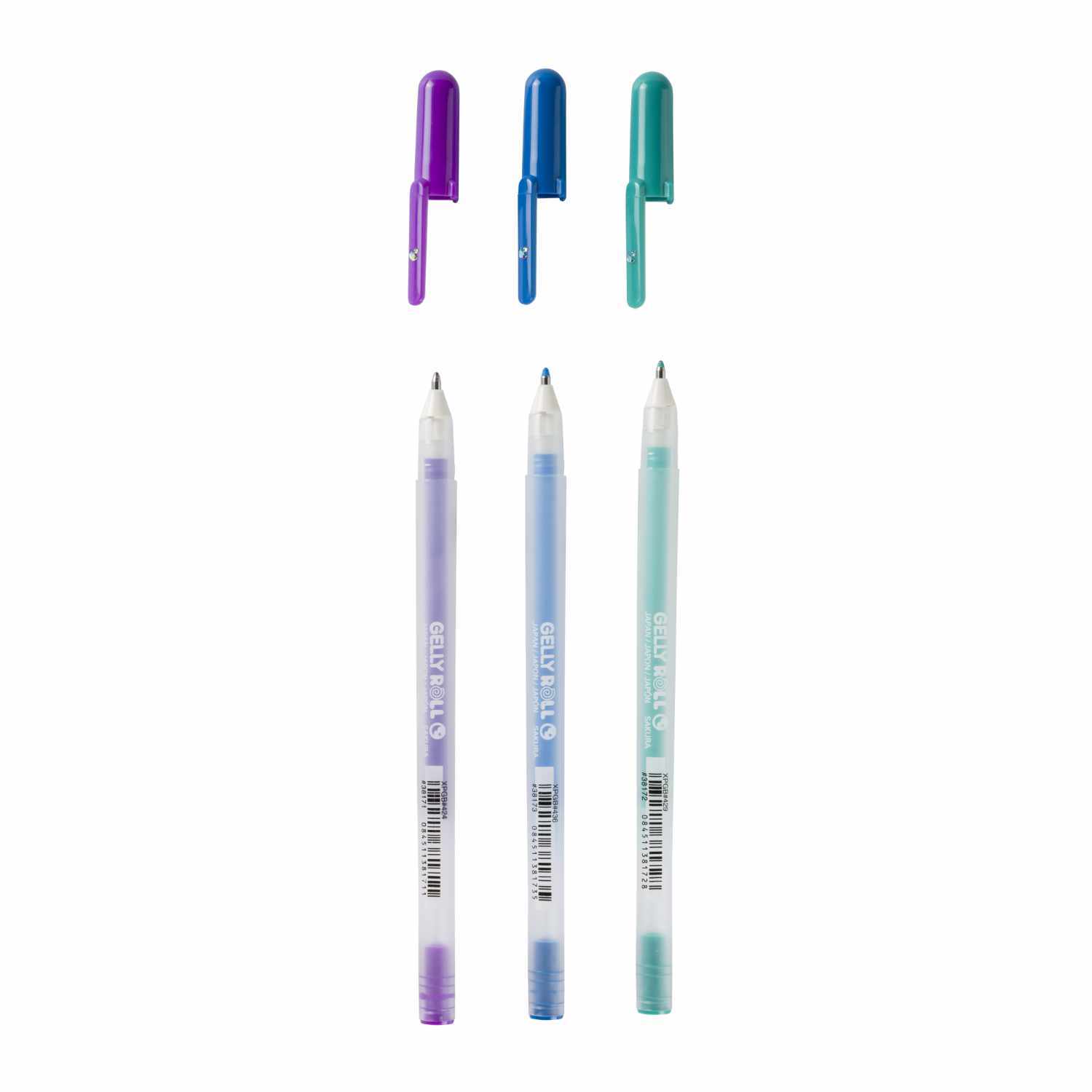 Gelly Roll Moonlight Gelstifte Oceans 3 Stück von SAKURA in verschiedenen Farben, mit abgenommenen Kappen.
