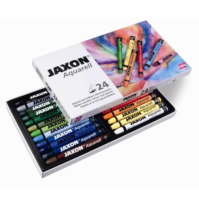 Aquarellkreide: 24-teiliges Set von Jaxon, präsentiert in einer offenen Box mit lebendigen Farben.