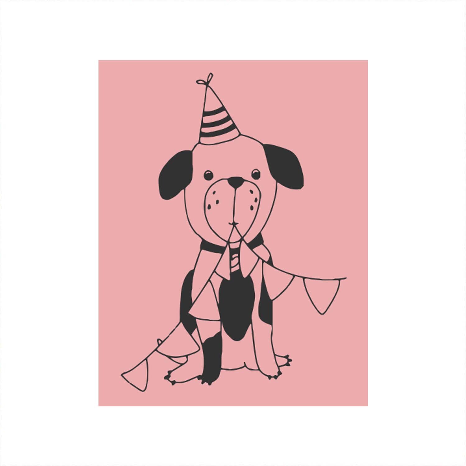 Stempel Hund rosa 35x45mm: Ein Hund mit Partyhut und Girlande auf rosa Hintergrund, von May&Berry.