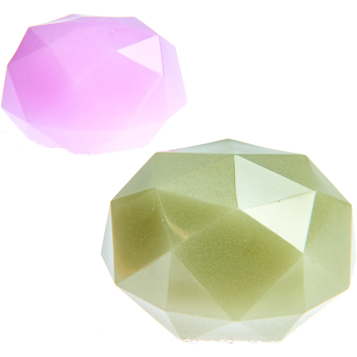 Epoxidharz transparent: Zwei facettierte, geometrische Formen in Rosa und Grün, ideal für kreative Projekte.