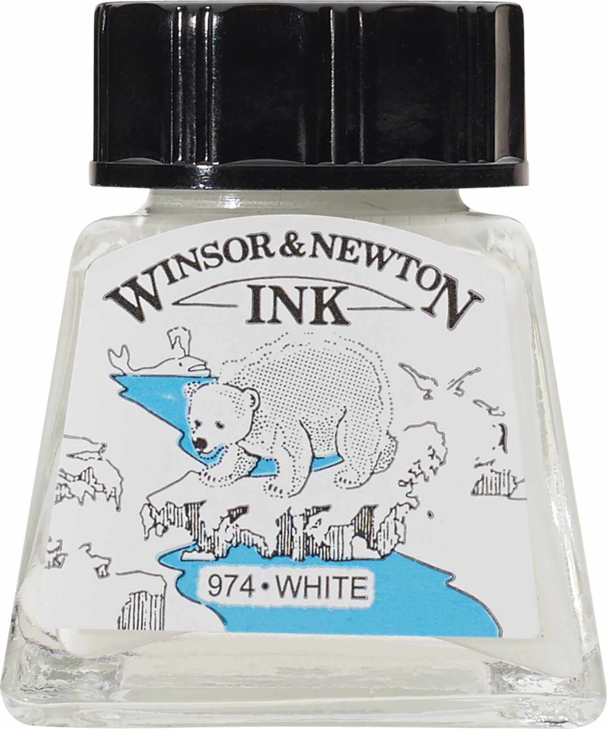 Zeichentusche 14ml von Winsor & Newton in einem klaren Glasfläschchen mit schwarzem Deckel und Eisbär-Illustration.