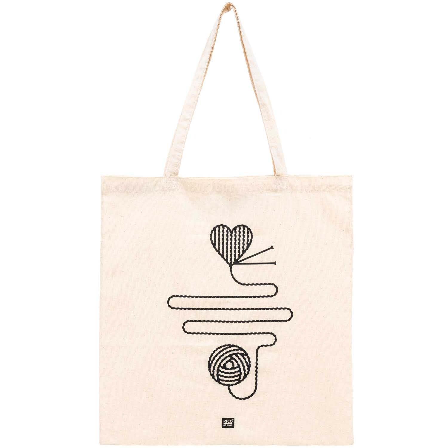 Baumwolltasche Wollknäuel von Rico Design mit schwarzem Wollknäuel-Design auf naturfarbenem Stoff.