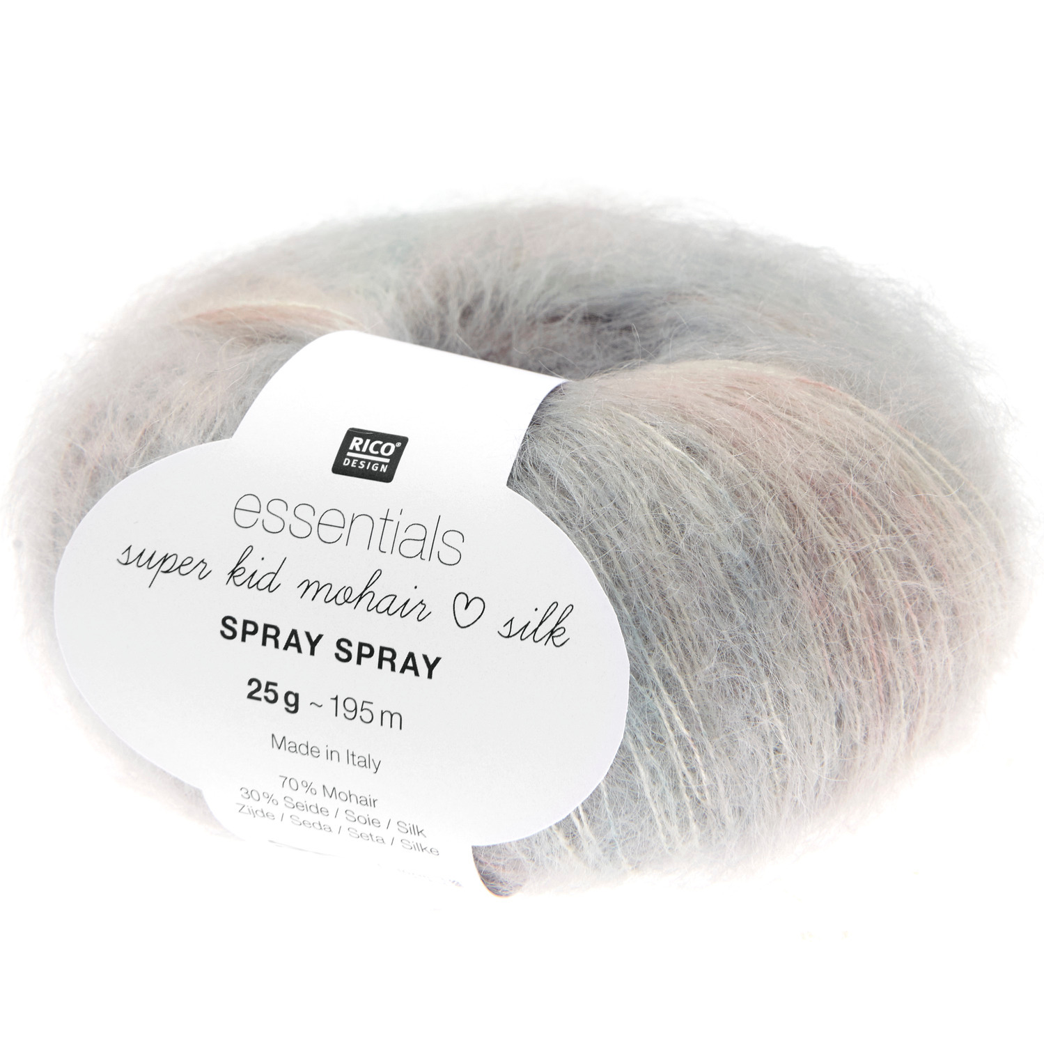 Essentials Super Kid Mohair Loves Silk Spray Spray, weiches Garn in sanften Pastelltönen, ideal für Strickprojekte.