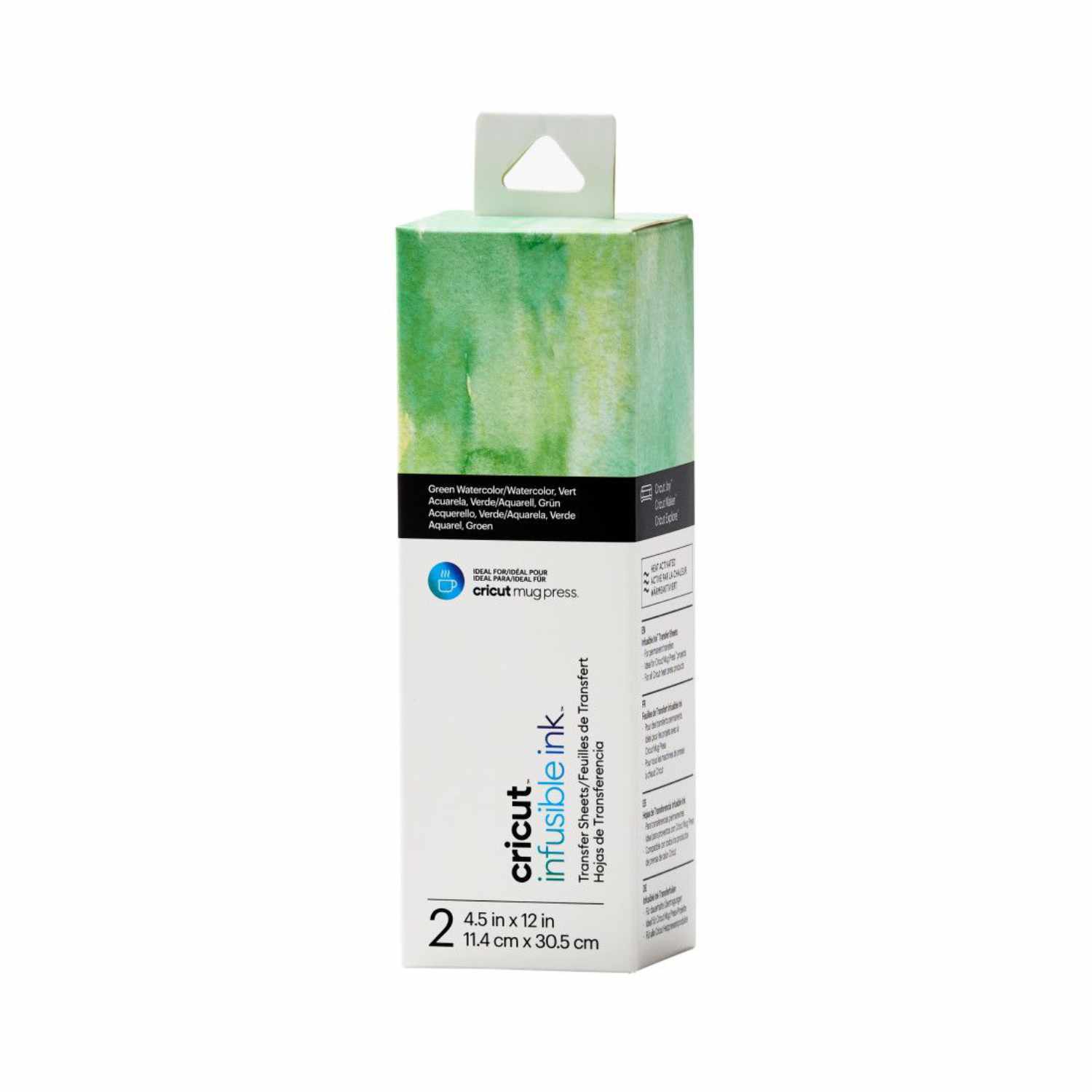 Infusible Ink Transferbogen Green Watercolor, 11,4x30,5cm, 2 Stück, in grünem Aquarell-Design, verpackt in einer schmalen Box von Cricut.