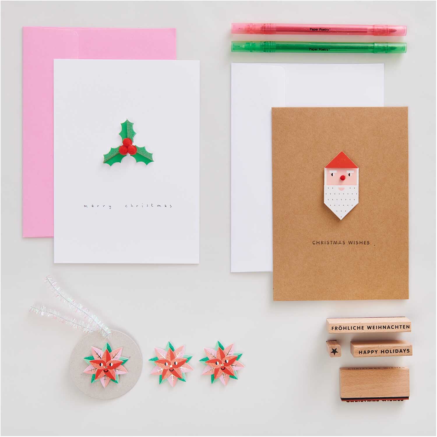 Paper Poetry 3D Sticker Weihnachtsstern: Weihnachtskarten-Set mit bunten Stickern und Stempeln.