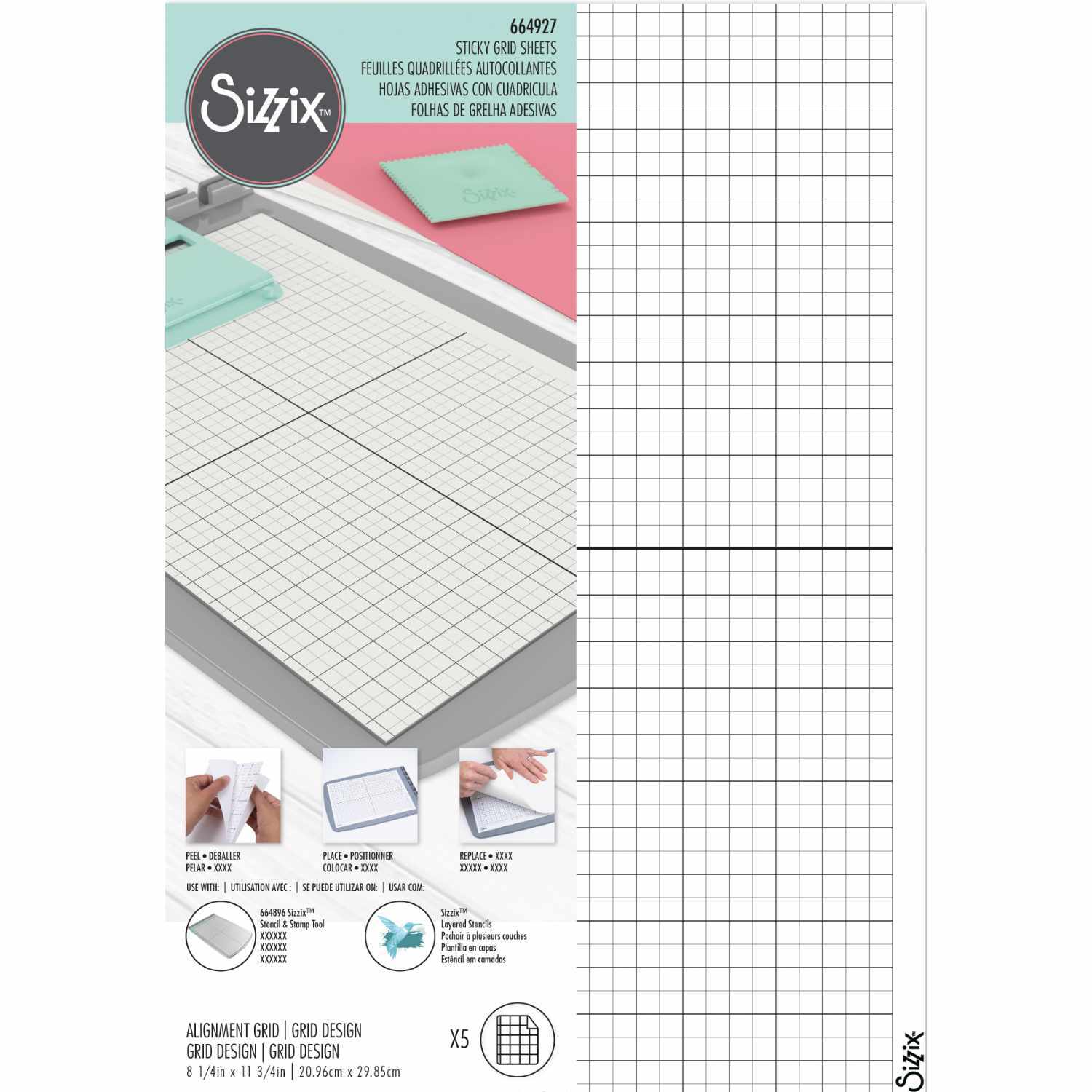 Accessory Sticky Grid Sheets 27,9x21,6cm 5 Stück von Sizzix, ideal zum präzisen Ausrichten von Bastelprojekten, mit Rasterdesign auf weißem Hintergrund.
