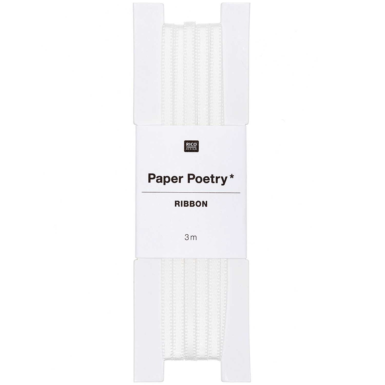 Paper Poetry Satinband 3mm 3m in Off-White von Rico Design, präsentiert auf einer weißen Verpackung.