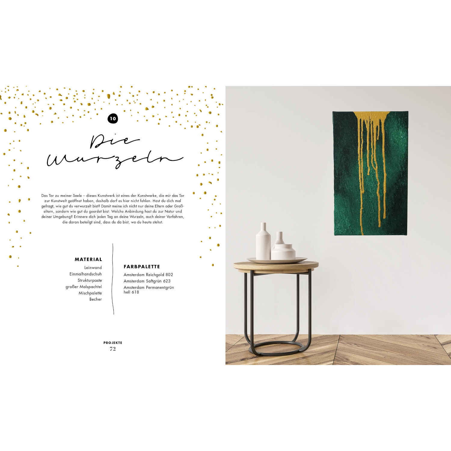 Shine – Art for Home: Grünes und gelbes Kunstwerk an weißer Wand, daneben Holztisch mit Deko.