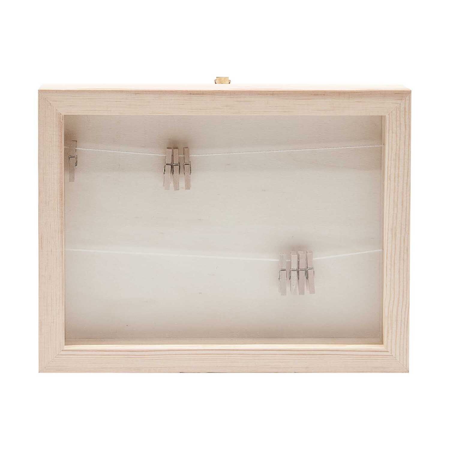Holz Bilderrahmen mit Fotoleine von Rico Design, beige, zeigt drei Klammern auf zwei Leinen.