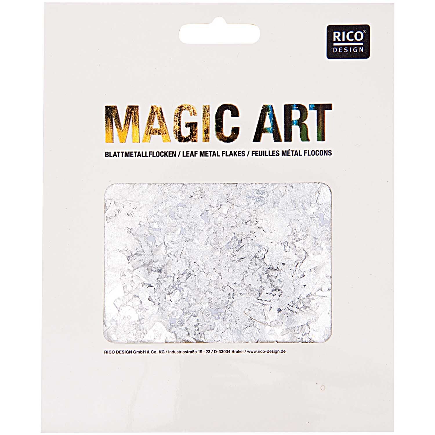 Magic Art Blattmetall-Flocken von Rico Design in Silber, präsentiert in einer Verpackung.