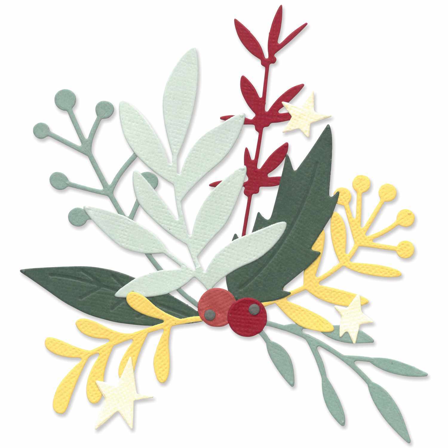 Thinlits Die Set Buds & Branches: Filigrane Zweige und Knospen in Rot, Gelb und Grün von Sizzix, ideal für kreative Bastelprojekte.